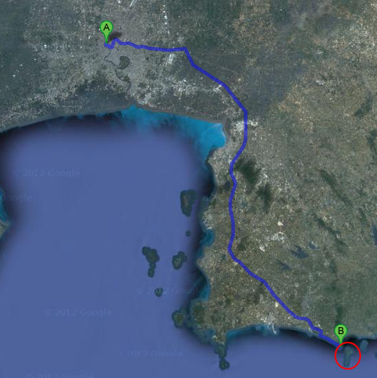 Bangkok at top, Samet circled in red. Google says it takes 2.5 hours to get there but clearly they don't know how Thai bus drivers drive.