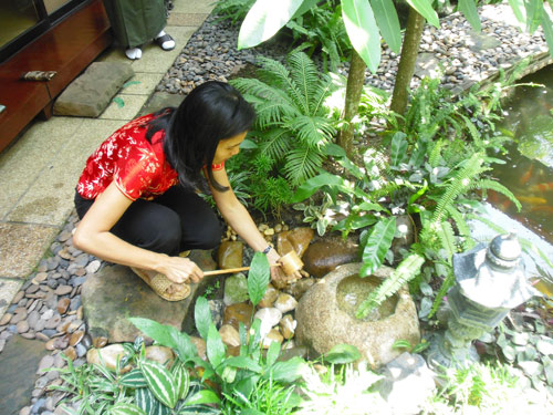 Piyawee washing her hands before we enter the tea room. Only from this position do you get the best view in the garden. The fish on the right have a slightly less awesome view.