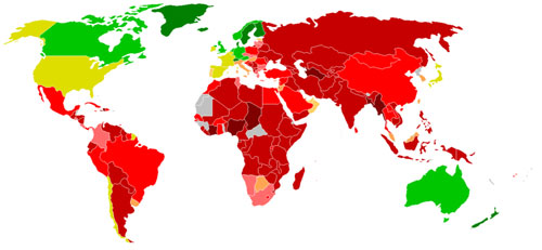 Most corrupt countries, with green being most corrupt and dark red the least corrupt. Wait...