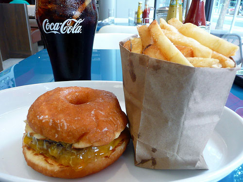 The famous Krispy Kreme burger. Not sure if this is a perversion of the all-American food icon, or its next greatest evolution.