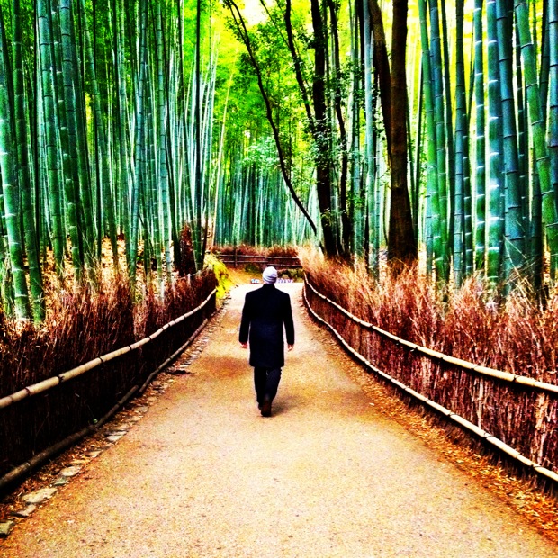 Walking in the bamboo grove just outside of Kyoto.